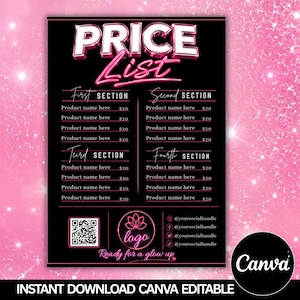 Vorlage für eine Preisliste im Beauty-Bereich, Salon-Serviceangebot für Wimpernstylisten, Nageldesigner, Friseure, Flechter, Perückenstylisten und Make-up-Artists – druckbare Preisliste (Canva-bearbeitbar)