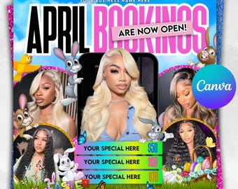 April Booking Flyer, Spring Booking Flyer, Easter Flyer, April Hair, Spring Books Open, April Book Now, April Lashes Nails Braid Wig Flyer
