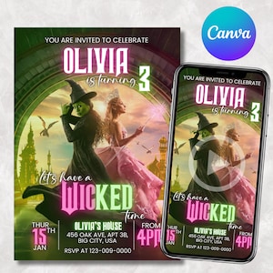Wicked Geburtstagsfeier-Einladung, Wicked Party-Einladung, WICKED inspirierte Kinokarte, Elphaba & Glinda Theme, Filmparty, Canva Editable