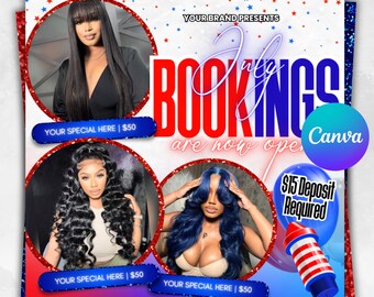 Folleto de reservas de julio: Peluquería, uñas, pestañas y maquillaje (Plantilla Canva descargable digitalmente)