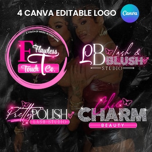 Puede incluir: Imagen con cuatro logotipos editables de Canva en rosa y blanco. Los logotipos incluyen "Flawless Touch Co.", "LB Lash & Blush Studio", "Pretty Polish Lash Studio" y "Chic Charm Beauty". El fondo es oscuro con un logotipo de Canva en la esquina superior derecha.