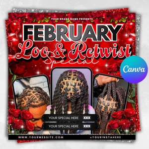 Puede incluir: Un folleto rojo y plateado que promociona una oferta especial de Loc & Retwist para febrero. El folleto presenta imágenes de peinados de rastas, rosas rojas y globos. El texto incluye "Your Brand Name Presents", "February Loc & Retwist Special" e información de contacto.