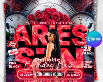 Aries Birthday Flyer, Birthday Flyer Templates, Girl Birthday Party Flyer, Celebration Flyer, Zodiac Birthday Event Flyer Invitation