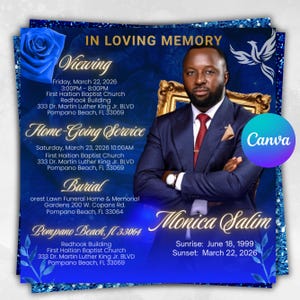 May include: A memorial card with a portrait of a man in a suit, set against a blue background with floral and dove accents. The card includes details for viewing, home-going service, and burial, along with the name "Monica Salim".