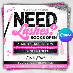 May include: A promotional graphic with the text "NEED Lashes?" in black and pink. It advertises eyelash extensions and a 30% discount. A mascara wand, eyelash curler, and hearts are also featured.