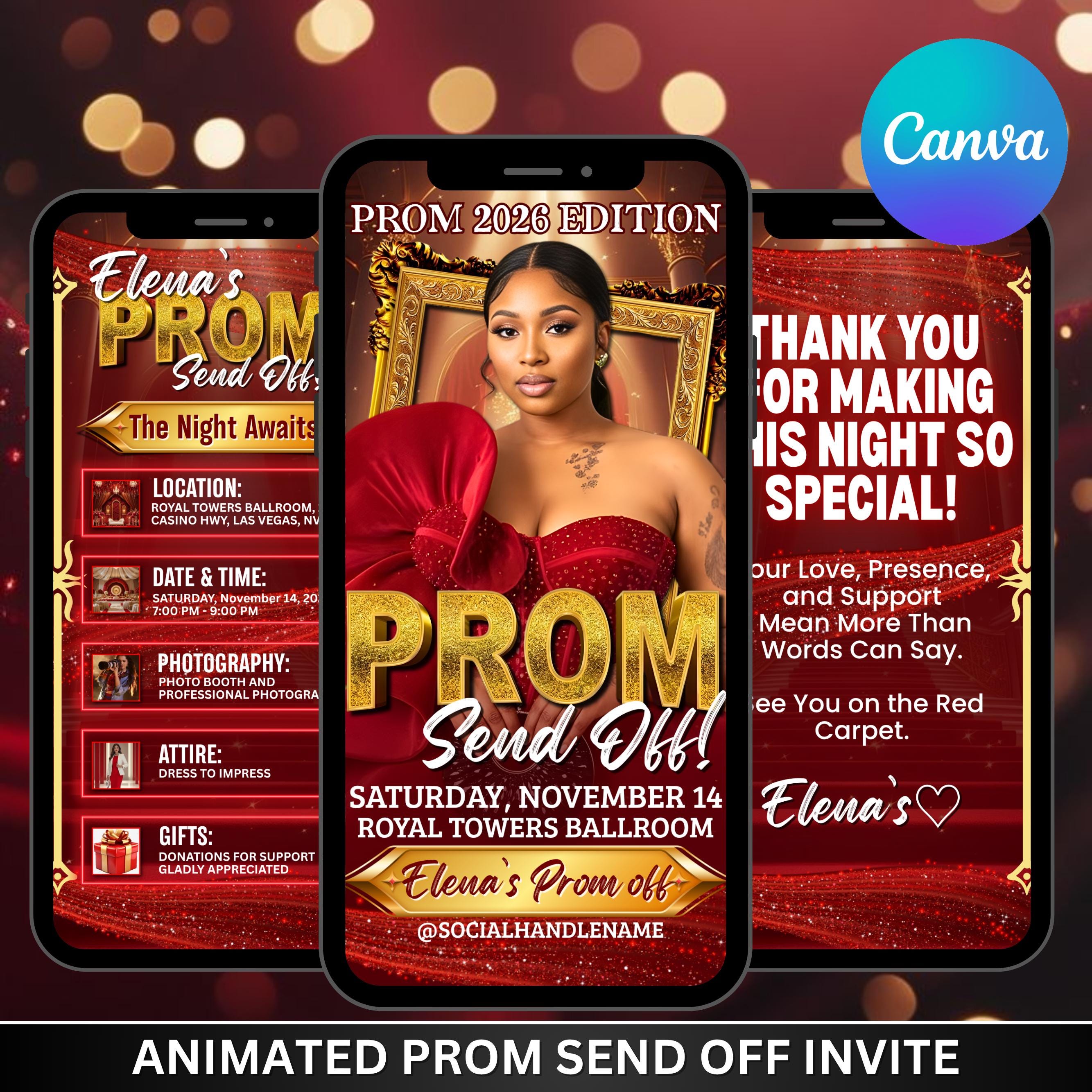 Prom Invi Digital Prom Send off Invitation, Red Glam Prom Party Invite, Animated ...