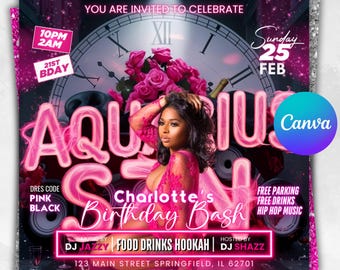 Birthday Flyer, Aquarius Birthday Flyer, Aquarius season, Birthday Party Evite, Birthday Girl Party, Happy Birthday Event Invitation
