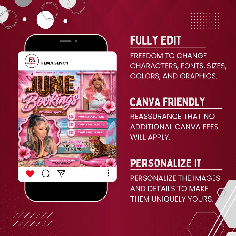 June Booking Flyer | Summer Booking Flyer | Hair, Braids, Nails, Lash, Makeup & Wig Install Canva Template | Editable Appointment Flyer