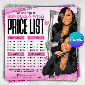 May include: Pink and silver price list for bundles and wigs. The text includes "Bundles & Wigs Price List" and pricing details for bundles, tapes, wigs, and HD lace. The image also features two women with long black hair.
