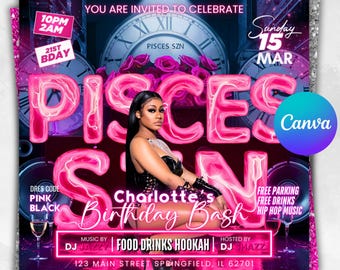 Birthday Flyer, Pisces Birthday Flyer, Aquarius season, Birthday Party Evite, Birthday Girl Party, Happy Birthday Event Invitation