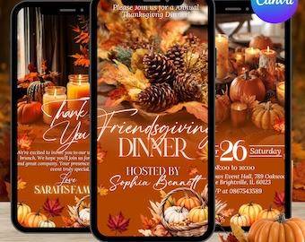 Digital Friendsgiving Dinner Invitation, Fall Party Video Invite, Cozy Thanksgiving Dinner Party Evite, Self Editable DIY Itinerary Template