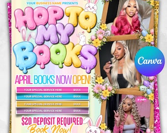 Folleto de reserva de abril, maquillaje, cabello, pestañas, uñas, folleto de reserva de Pascua, folleto de primavera, folleto de reserva de salón, plantilla editable de Canva de abril.