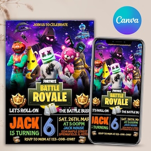 May include: A Fortnite Battle Royale birthday party invitation featuring colorful characters and the text "Join Us To Celebrate". The invitation includes details for Jack's 6th birthday party, including the date, time, and location.