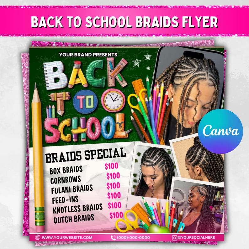 Back To School Flyer, Back to school sale flyer, Back to school Hair flyer, DIY canva template, Back 2 School Flyer, Braid Special Flyer
