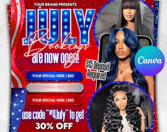 Folleto de reservas de julio: Peluquería, uñas, pestañas y maquillaje (Plantilla Canva descargable digitalmente)