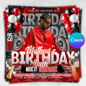 May include: A red and black birthday party invitation with a man in a red shirt, balloons, and speakers. The text reads "Mathew's Birthday Bash" with details about music, parking, and location.