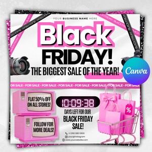 Puede incluir: Gráfico promocional del Black Friday. El texto "Black Friday!" está en rosa y negro. También incluye "¡La mayor venta del año!", un temporizador de cuenta atrás y un descuento porcentual, todo en un diseño elegante.