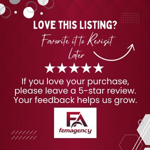 Puede incluir: Gr&aacute;fico burdeos con texto blanco: "LOVE THIS LISTING? Favorite it to Revisit Later." Cinco estrellas blancas debajo. Tambi&eacute;n se incluye el texto "If you love your purchase, please leave a 5-star review. Your feedback helps us grow."