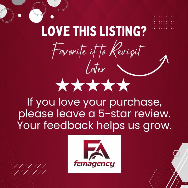 Puede incluir: Gr&aacute;fico burdeos con texto blanco: "LOVE THIS LISTING? Favorite it to Revisit Later." Cinco estrellas blancas debajo. Tambi&eacute;n se incluye el texto "If you love your purchase, please leave a 5-star review. Your feedback helps us grow."