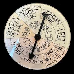 May include: A circular Mahjong game spinner with a black arrow pointer. The spinner is divided into sections with text such as "Right", "Across", and "Left", along with illustrations of Mahjong tiles. The background is black.