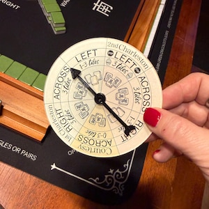 May include: A circular Mahjong game direction indicator with a black arrow pointing to different directions. The indicator has text such as "Left", "Right", and "Across". The background includes Mahjong tiles and a wooden surface.