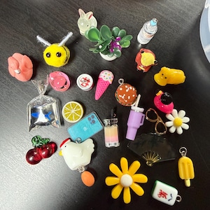 May include: A collection of colorful miniature charms, including a yellow bee, a pink ice cream cone, a miniature succulent plant, a yellow flower, and a miniature smartphone. Other charms include a burger, a chicken, and a boba tea.
