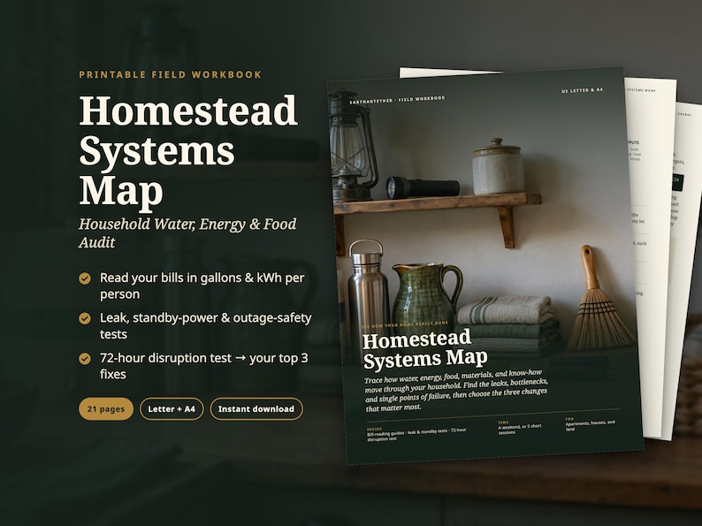 Puede incluir: Un libro de trabajo imprimible titulado Homestead Systems Map para auditor&iacute;as de agua, energ&iacute;a y alimentos en el hogar. El documento incluye 21 p&aacute;ginas en formatos Letter y A4, con listas de verificaci&oacute;n para facturas y pruebas de interrupci&oacute;n.