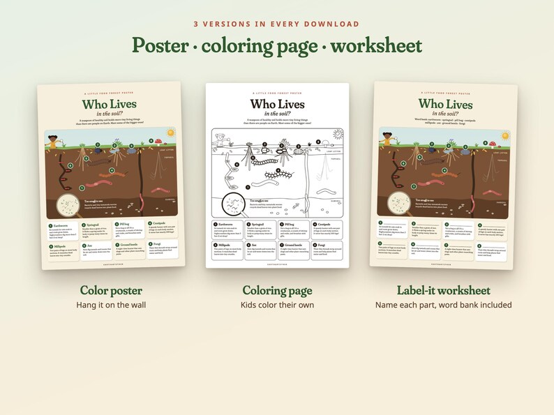 May include: Three educational sheets titled Who Lives in the soil? featuring a color poster, a black and white coloring page, and a label-it worksheet. Each sheet displays a cross-section of soil with illustrations of various organisms.