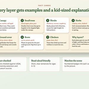 Peut inclure: Une infographie &eacute;ducative intitul&eacute;e Fact Cards: Every layer gets examples and a kid-sized explanation. Elle pr&eacute;sente huit cartes num&eacute;rot&eacute;es d&eacute;taillant les couches foresti&egrave;res comme la canop&eacute;e, les arbustes et les racines, avec trois cartes en bas.