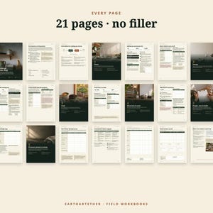 Puede incluir: Una colecci&oacute;n de 21 p&aacute;ginas de un libro de trabajo titulado Every Page 21 pages no filler de Earthartether. Las p&aacute;ginas presentan una mezcla de dise&ntilde;os en verde oscuro y crema con texto, gr&aacute;ficos e inserciones fotogr&aacute;ficas peque&ntilde;as.