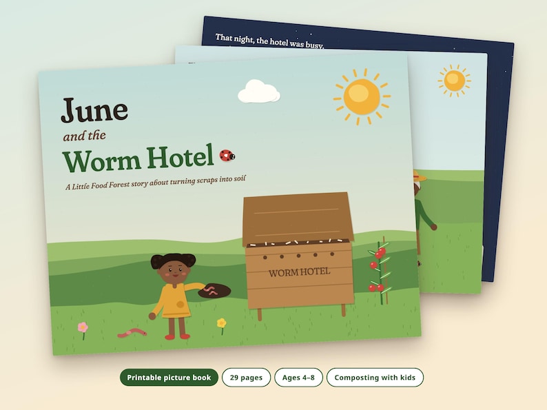 Libro ilustrado sobre compostaje para niños, cuento y actividades sobre el compostador de lombrices, PDF imprimible, edades de 4 a 8 años. imagen 1