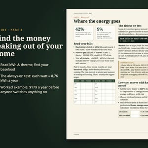 Puede incluir: Una p&aacute;gina de una gu&iacute;a titulada Where the energy goes, con texto sobre c&oacute;mo encontrar el dinero que se pierde en el hogar. Incluye secciones sobre lectura de facturas, una prueba de consumo constante, una tabla de datos y consejos de ahorro.