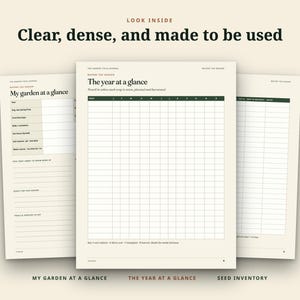 May include: Three pages from a garden planner with cream-coloured paper and dark green text. The pages are titled My Garden at a Glance, The Year at a Glance, and Seed Inventory, featuring grids, checklists, and lines for tracking seasonal planting.