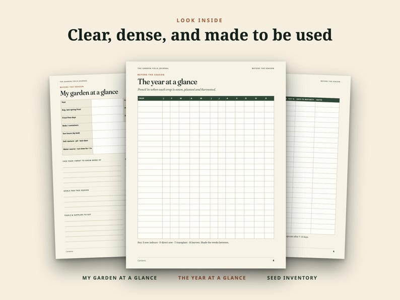 May include: Three pages from a garden planner with cream-coloured paper and dark green text. The pages are titled My Garden at a Glance, The Year at a Glance, and Seed Inventory, featuring grids, checklists, and lines for tracking seasonal planting.