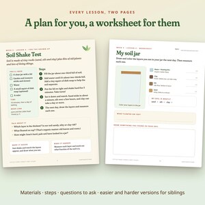 Może przedstawiać: Dwie karty pracy zatytułowane A plan for you, a worksheet for them. Lewa strona zawiera opis testu sedymentacji gleby z krokami i materiałami. Prawa strona przedstawia ćwiczenie My soil jar z miejscem na rysowanie warstw i notatki.