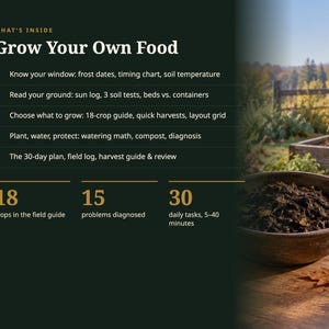 K&ouml;nnte beinhalten: Eine dunkelgr&uuml;ne Infografik mit dem Titel Grow Your Own Food, die f&uuml;nf Schritte f&uuml;r den Gartenbau auflistet, darunter Frostdaten, Bodentests und Anbauanleitungen. Sie zeigt 18 Kulturen, 15 Probleme und 30 t&auml;gliche Aufgaben neben einer Schale Erde.