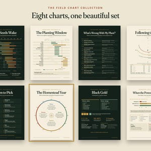 May include: A collection of eight educational gardening charts titled The Field Chart Collection. The posters feature dark green and cream backgrounds with white text, diagrams, and tables detailing planting schedules, harvest times, and composting.