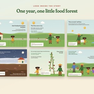 May include: A children's picture book titled One year, one little food forest, featuring six illustrated pages showing a child and Nana gardening. The story depicts seasonal changes, planting seeds, ladybugs on a trellis, and sharing a harvest.
