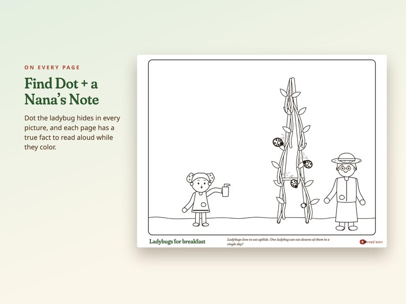 May include: A black and white coloring page titled Ladybugs for breakfast featuring a child, a person wearing a hat, and a tall plant with ladybugs. The text reads Find Dot + a Nana's Note, and includes a fact about ladybugs eating aphids.