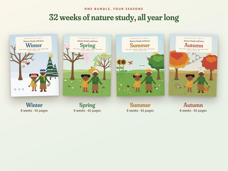 Programa de estudio de la naturaleza para niños durante todo el año, paquete didáctico para la educación en casa sobre las cuatro estaciones, más de 300 páginas, edades de 5 a 10 años. imagen 2