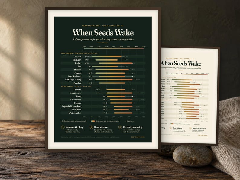 May include: A dark green and a cream-colored rectangular poster titled When Seeds Wake, displaying a field chart of soil temperatures for germinating seventeen vegetables with horizontal bars, temperature scales in Fahrenheit, and instructional text.