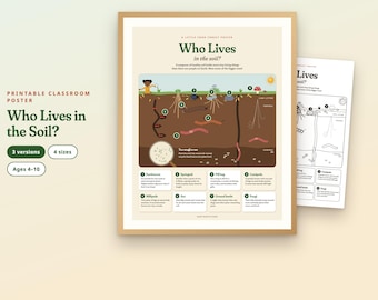 Peut inclure: Une affiche éducative imprimable intitulée Who Lives in the Soil? présentant un diagramme en coupe des couches terrestres avec des illustrations d'insectes, de champignons et de racines, incluant des étiquettes numérotées et du texte.