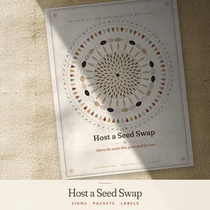 Könnte beinhalten: Ein weißes, rechteckiges Veranstaltungsplakat mit dem Titel Host a Seed Swap und dem Untertitel Share the seeds that grow well for you. Das Design zeigt ein zentrales, kreisförmiges Mandalamuster aus verschiedenen illustrierten Samen.