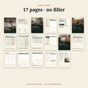 Puede incluir: Un conjunto de planificador digital titulado The 30 Day Homestead Plan, que consta de 17 p&aacute;ginas sin relleno. El dise&ntilde;o presenta tonos verde oscuro y crema, incluyendo listas de verificaci&oacute;n, rastreadores de proyectos y texto instructivo.