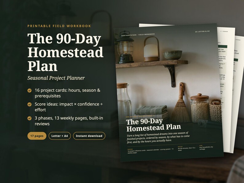 Puede incluir: Un cuaderno de campo imprimible titulado The 90-Day Homestead Plan: Seasonal Project Planner. El documento tiene 17 p&aacute;ginas, incluyendo 16 tarjetas de proyecto, ideas de puntuaci&oacute;n y 13 p&aacute;ginas semanales. La portada muestra una cocina con frascos.