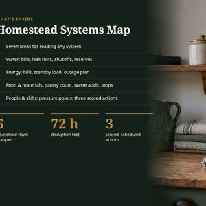 Puede incluir: Un gr&aacute;fico informativo verde oscuro titulado Homestead Systems Map que enumera cinco categor&iacute;as, incluyendo agua, energ&iacute;a, alimentos y habilidades. El texto destaca 5 flujos dom&eacute;sticos, una prueba de interrupci&oacute;n de 72 h y 3 acciones puntuadas.