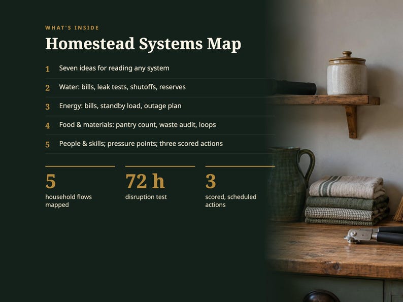 Puede incluir: Un gr&aacute;fico informativo verde oscuro titulado Homestead Systems Map que enumera cinco categor&iacute;as, incluyendo agua, energ&iacute;a, alimentos y habilidades. El texto destaca 5 flujos dom&eacute;sticos, una prueba de interrupci&oacute;n de 72 h y 3 acciones puntuadas.
