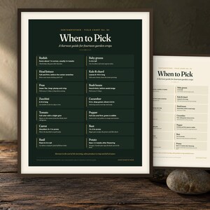 May include: A dark green and a cream-coloured rectangular wall print titled When to Pick, a harvest guide for fourteen garden crops. The charts list vegetables and herbs with specific harvesting instructions, featuring white text on a dark background.