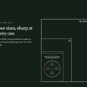 May include: A dark green graphic showing four nested rectangular outlines representing print sizes, including 18 x 24 in and A3. Text reads: PRINT ANY SIZE, Four sizes, sharp at every one, Vector PDFs: crisp at home on Letter or A4.