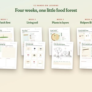 Może przedstawiać: Zestaw arkuszy edukacyjnych zatytułowany 12 Hands-on Lessons: Four weeks, one little food forest. Strony zawierają ćwiczenia takie jak My shadow log, Living soil, Plants in layers oraz Helpers & rain z ilustracjami i poleceniami.